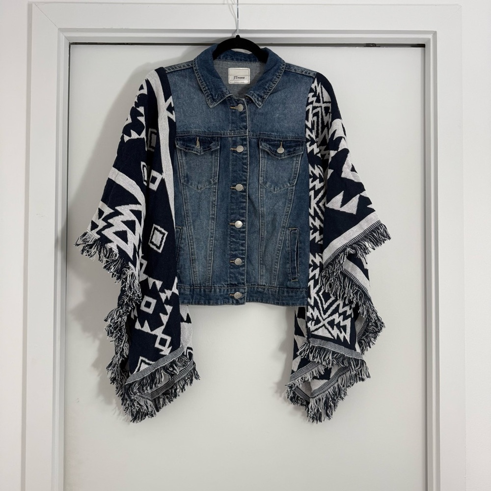 JTrove Handmade Southwestern Print Denim Cardigan OS Lagenlook Oversized Boho
